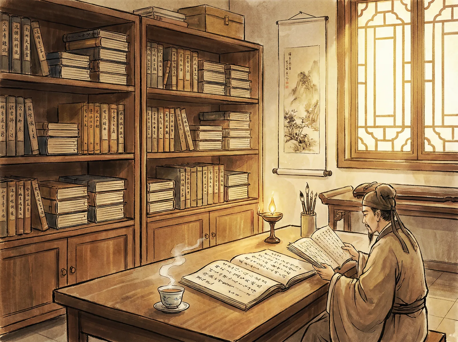 曹长卿 传统书房读书场景